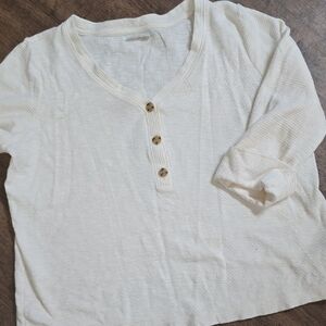 J. JILL Cream Button-Up Long Sleeve Top Cropped Ribbed Sz L
